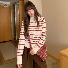 批发复古撞色条纹针织开衫女秋冬毛衣2026新款松弛感休闲显瘦上衣
