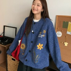批发软糯花卉刺绣开衫毛衣外套女秋冬慵懒风松弛感针织衫上衣