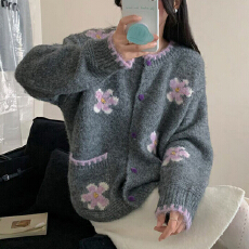 批发韩系甜美撞色花朵毛衣外套女2026秋冬新款宽松温柔风减龄针织开衫