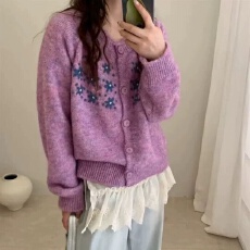批发韩系手工绣花针织开衫秋冬2026新款长袖毛衣外套女高级感圆领上衣