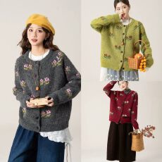 批发韩系慵懒玫瑰提花毛衣外套女宽松春秋冬加厚软糯气质针织开衫