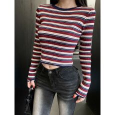 批发韩系小众设计感复古条纹<b class='q'>针织衫</b>女秋季长袖圆领修身<b class='q'>短款</b>打底衫上衣