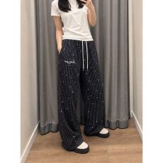 批发原版泡泡格复合】星星满印格子休闲裤<b class='q'>男</b>女款拼接腰头刺绣筒裤中性