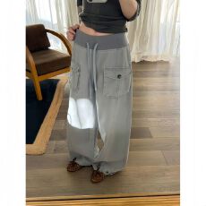 批发纯棉自由水洗撞色阔腿口袋工<b class='q'>装裤</b><b class='q'>女</b>春秋季复古抽绳宽松百搭休闲裤