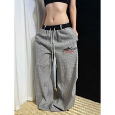 批发原版双面罗纹色织条】美式复古字母刺绣条纹褶皱弯刀裤宽松阔腿裤