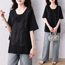 批发<b class='q'>实拍</b>假两件拼接短袖2026夏季<b class='q'>大码</b>设计感洋气黑色休闲上衣女