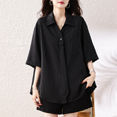 批发大码时尚休闲百搭衬衫女2026夏季新款洋气宽松显瘦条纹长袖上衣