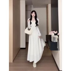 批发松本丧丧秋冬新款纯欲风<b class='q'>甜美</b>拼接提花毛毛大裙摆蝴蝶结长袖连衣裙