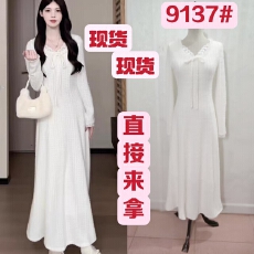 批发松本丧丧秋冬新款纯欲风甜美拼接提花毛毛大裙摆蝴蝶结长袖连衣裙