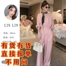 批发琳琳春季新款时尚亚麻连体衣裤女神范V领收腰显瘦阔腿裤女