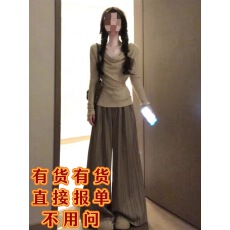 批发巨好看早秋韩系穿搭一整套2025新款荡领长袖t恤女阔腿裤两件套装