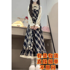 批发法式学院风长袖格纹<b class='q'>连衣裙</b>女2025秋季假两件收腰显瘦减龄气质长裙