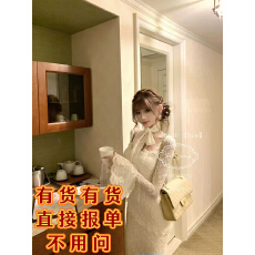 批发SISI JIANG“雪绒恋人”法式复古蕾丝<b class='q'>宫廷</b>喇叭袖鱼尾包臀<b class='q'>连衣裙</b>