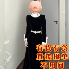批发法式高级感千金风黑色丝绒连衣裙女复古蕾丝领收腰显瘦长裙气质冬