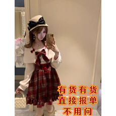 批发森女系原创想去海边 暖色圣诞 <b class='q'>可爱</b>甜美一字肩红格子<b class='q'>连衣裙</b>