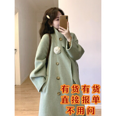 批发森系复古绿色立领呢子大衣女秋冬季韩版宽松阔显瘦<b class='q'>中长款</b>毛呢外套