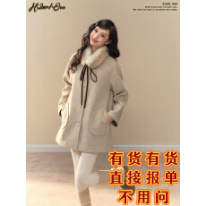 批发H2AN1 STUDIO纯色蝴蝶结毛领毛呢<b class='q'>外套</b>中长款格子袖宽松百搭大衣