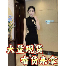 批发春<b class='q'>夏</b>黑色刺绣无袖高级大气显瘦显白气质复古风日常可穿后拉链旗袍