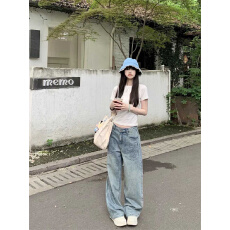 批发大码高个子口袋刺绣磨白<b class='q'>镶钻</b>宽松<b class='q'>牛仔裤</b>女2025秋季新款薄款拖地裤