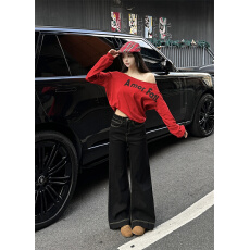 批发实拍 黑色时髦百搭微喇牛仔裤女秋季新款<b class='q'>高腰</b>不贴腿拖地直筒裤子