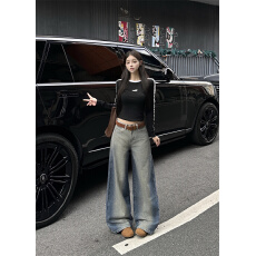 批发实拍 复古做旧晕染浅色牛仔裤2025秋冬新款<b class='q'>高腰</b>宽松设计感直筒裤