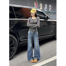 批发实拍 美式闪电猫须微喇牛仔裤秋季新款辣妹低腰显瘦马蹄喇叭裤子