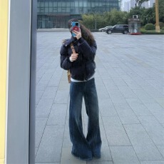 批发高个子微喇叭加厚复古蓝休闲牛仔裤女秋冬2025新款做旧保暖马蹄裤