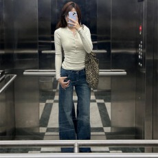 批发高个子加长<b class='q'>牛仔裤</b>女秋冬深蓝竹节纹气质低腰不贴腿微喇马蹄喇叭裤