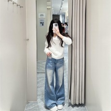 批发浅蓝色牛仔裤女秋冬高个子加长版水洗折痕猫须设计百搭显瘦阔腿裤