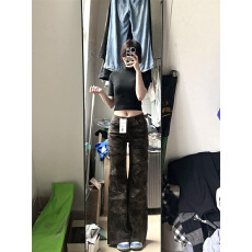 批发微<b class='q'>胖</b><b class='q'>mm</b><b class='q'>辣妹</b>百搭迷彩设计感牛仔裤春款美式复古低腰拖地直筒裤