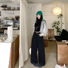 批发实拍 黑色复古宽松阔腿牛仔<b class='q'>裤</b><b class='q'>韩版</b>设计感高腰洋气遮肉直筒<b class='q'>裤</b>