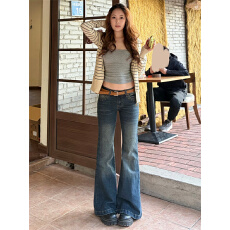 批发微胖mm复古水洗辣妹街头风<b class='q'>牛仔</b>裤女早春款高街修身显瘦拖地直筒裤