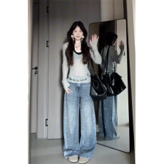 批发<b class='q'>大码</b>水洗做旧满天星直筒美式牛仔<b class='q'>裤</b>女2026春季新款复古拖地阔腿<b class='q'>裤</b>