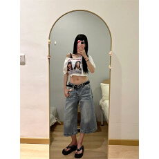 批发七分牛仔裤女夏季薄款小个子显瘦水洗直筒裤美式猫须小众宽松中裤