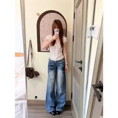批发小个子bf慵懒风美式牛仔裤女夏季新款水洗复古显瘦做旧拖地裤窄版