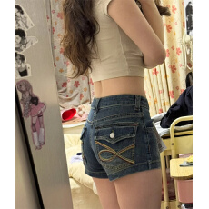 批发复古竹节牛仔短裤女<b class='q'>夏</b>季新款弹力修身重工刺绣辣妹热裤