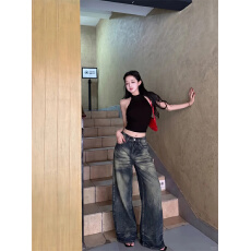 批发美式复古做旧磨白弯刀牛仔裤女秋季<b class='q'>高腰</b>宽松直筒梧桐阔腿镰刀裤子