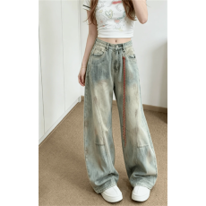 批发美式复古脏染弯刀裤牛仔裤女秋季设计感<b class='q'>高腰</b>宽松工装阔腿镰刀裤子