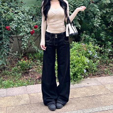 批发美式复古原牛低腰微喇牛仔裤女<b class='q'>秋</b>季2026新款双腰扣修身拖地喇叭裤