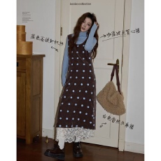 批发吵吵家韩系咖色加厚波点连衣裙女2025冬季休闲<b class='q'>宽松</b>气质背心长裙