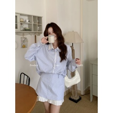 批发Even【智感为上】<b class='q'>韩</b>系高智感纯棉条纹衬衫裙两件套上衣半裙套装