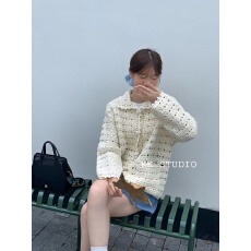 批发韩版<b class='q'>森女</b>盐系翻领钩花镂空包扣针织开衫设计感减龄花边毛衣<b class='q'>外套</b>潮