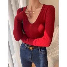 批发法式内搭紫色U领羊毛针织<b class='q'>打底衫</b>女秋冬穿搭短款毛衣修身长袖上衣