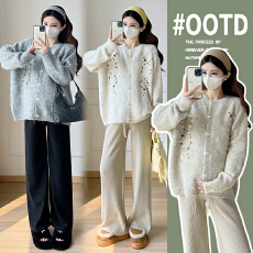 批发Angel妈咪_<b class='q'>孕妇</b><b class='q'>毛衣</b>秋冬新款时尚长袖单排扣撞色刺绣针织开衫外套