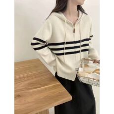 秋冬新款女韩版宽松时尚条纹连帽针织开衫百搭休闲拉链毛线衣外套