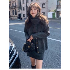 批发秋冬新款针织洋气套装女毛衣开衫<b class='q'>外套</b><b class='q'>短袖</b>上衣半身裙围巾四件套裙