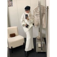 批发十三行氛围感慵懒<b class='q'>狐狸毛</b>针织毛衣+高腰a字半身裙套装女