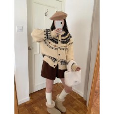 批发费尔岛风绿色圆领<b class='q'>针织</b>衫<b class='q'>开衫</b>女宽松秋冬2025新款复古软糯毛衣外套