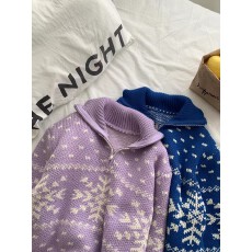 批发复古宝蓝色显白雪花<b class='q'>毛衣</b>女韩版秋冬新款宽松百搭加厚针织衫套头潮