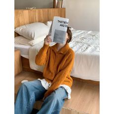 VIVID韩版宽松翻领针织开衫女软糯橘色毛衣外套翻领毛圈开衫F1053